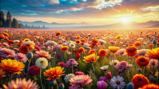 Vista al tramonto su un campo di bellissimi fiori selvatici carta da parati naturale