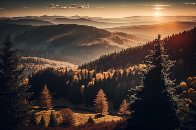 Vista all'alba del terreno montuoso delle foreste nere settentrionali