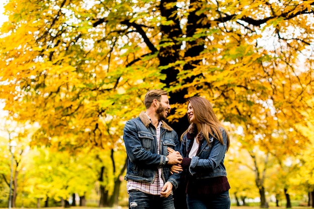 Vista alle coppie sorridenti che abbracciano nella sosta di autunno
