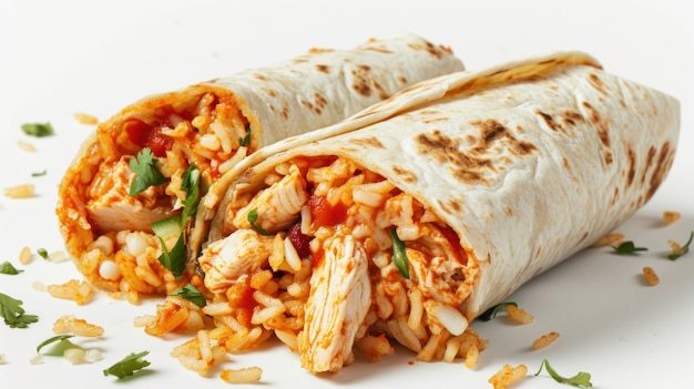 Vista angolare di Spicy Buffalo Chicken Burrito su uno sfondo bianco