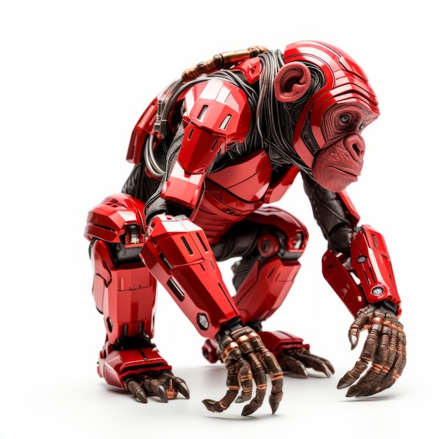 vista angolare di uno scimpanzé robotico rosso vibrante isolato su uno sfondo bianco con un corpo intero