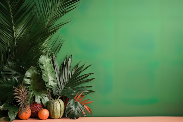Vista anteriore con una varietà di frutti tropicali freschi, foglie di palma, sfondo verde e spazio vuoto