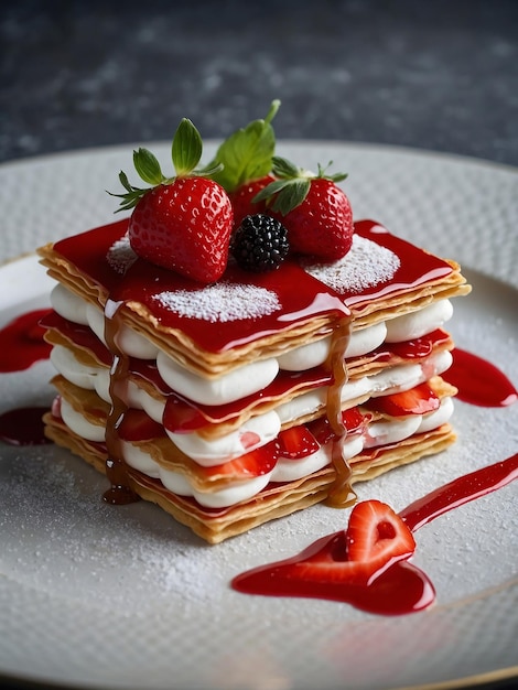 Vista anteriore da vicino piccola torta cremosa con fragole affettate su torta di bacche di frutta grigia dolce al forno