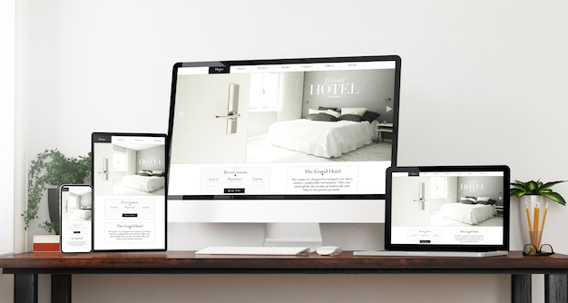 Vista anteriore del sito web dell'albergo sensibile dispositivi sito web di casa rendering 3D
