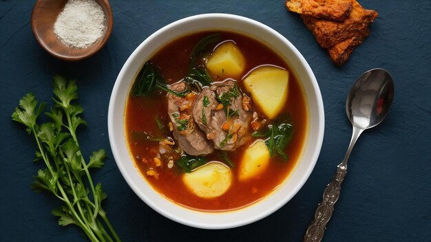 Vista anteriore deliziosa zuppa di carne con patate e verdure su una scrivania buia pasto piatto di carne salsa