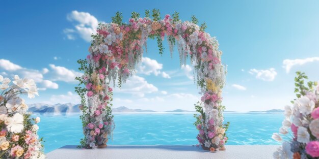 Vista anteriore dell'arco nuziale decorato con adorabili rose fresche fiori vicino all'oceano