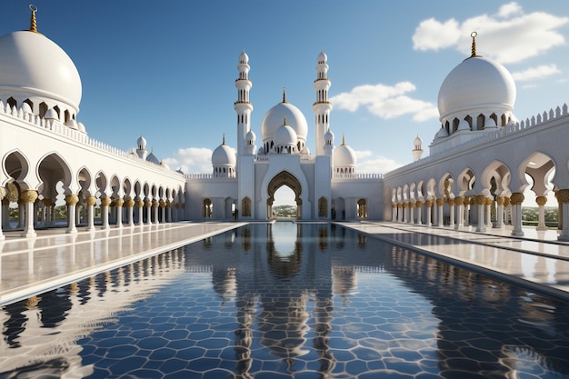 Vista anteriore della cupola con cielo luminoso arte e architettura islamica moschea moderna in un giorno luminoso