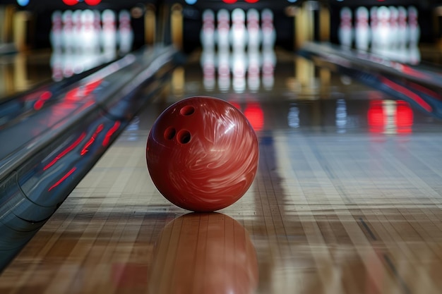 Vista anteriore della palla da bowling rossa che colpisce i perni in primo piano Immagine a colori della pista da bowling