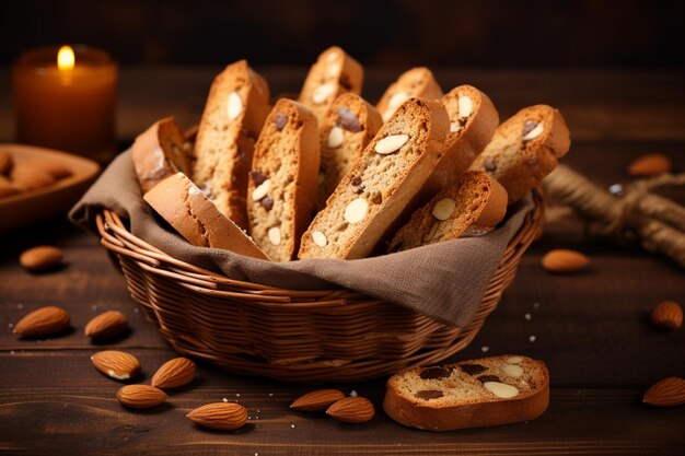 Vista anteriore della panetteria italiana cantuccini con mandorle su sfondo marrone legno