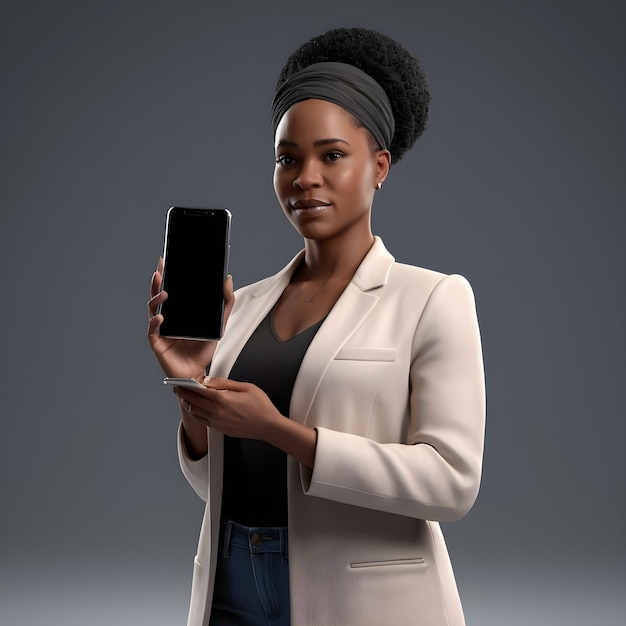 Vista anteriore dello studio di una donna nera con uno smartphone
