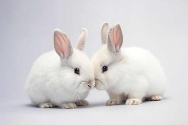 Vista anteriore di bambini conigli carini su sfondo bianco Piccoli conigli carino seduti con bella azione su bianco Generativo Ai