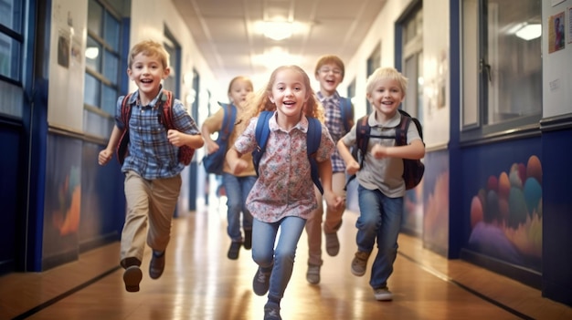 Vista anteriore di bambini scolastici felici e diversi che corrono nel corridoio della scuola