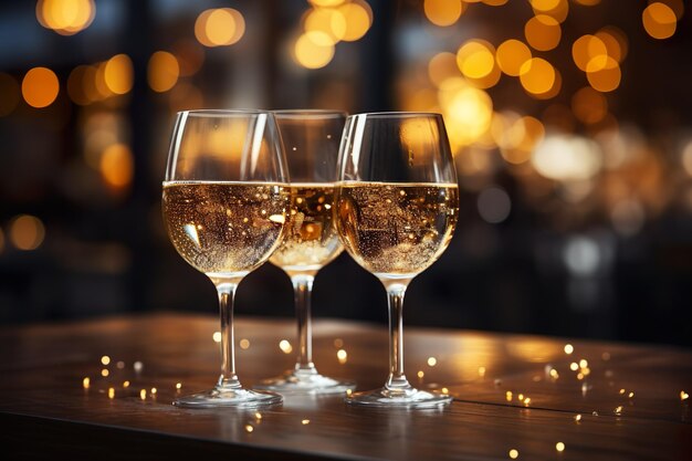 vista anteriore di bicchieri di champagne con luci bokeh generative ai