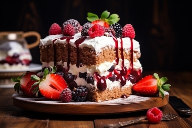 Vista anteriore di deliziose fette di torta con cioccolato alla crema e frutta con tessuto rosso