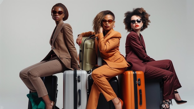 vista anteriore di donne multiculturali in abito sedute su valigie