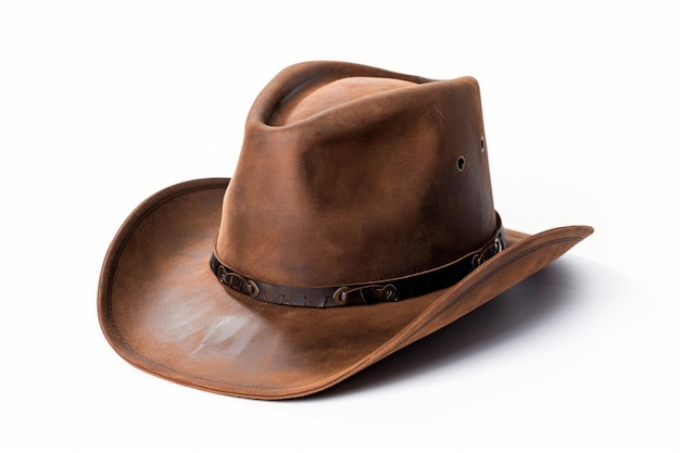 Vista anteriore di un cappello da cowboy marrone isolato su uno sfondo bianco AR 32