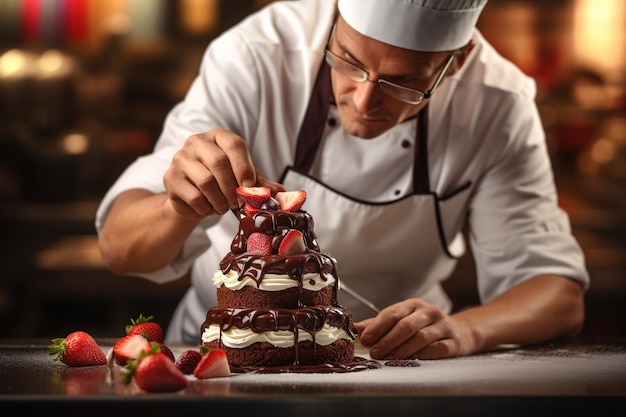 Vista anteriore di un pasticciere che prepara una torta con cioccolato