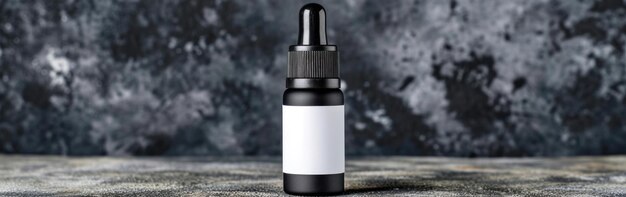 Vista anteriore di una bottiglia di cosmetici in bianco e nero con un gocciolare