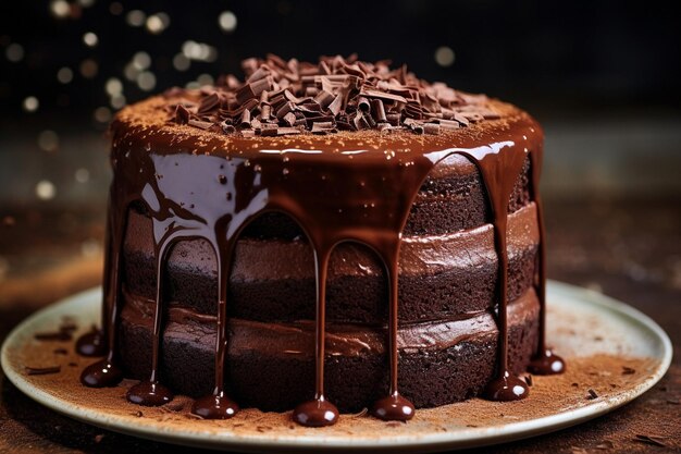 Vista anteriore di una deliziosa torta di cioccolato con mandorle