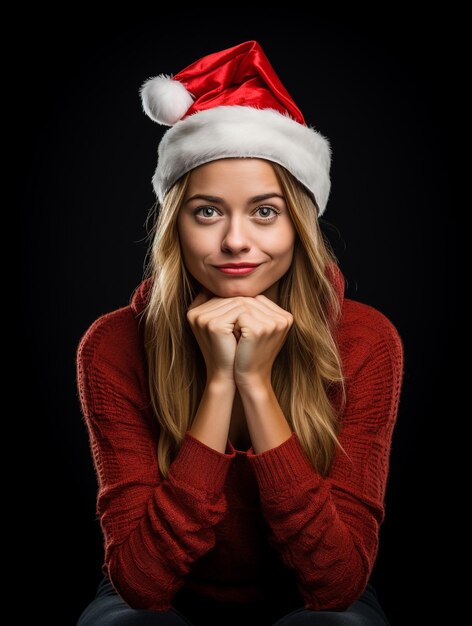 Vista anteriore di una giovane donna che pensa indossando un cappello di Natale