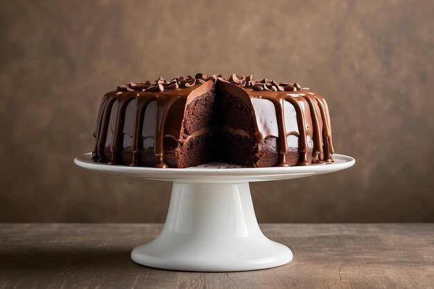 Vista anteriore di una torta di cioccolato rotonda su un supporto con spazio di copia