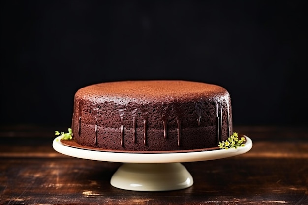 Vista anteriore di una torta di cioccolato rotonda su uno stand