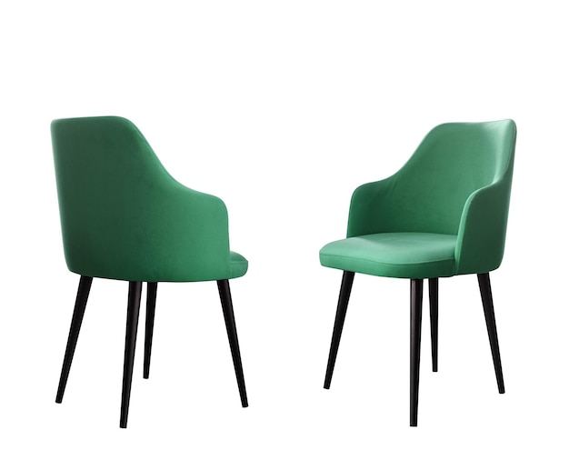 Vista anteriore e posteriore della moderna sedia da pranzo verde con gambe nere isolate su sfondo bianco