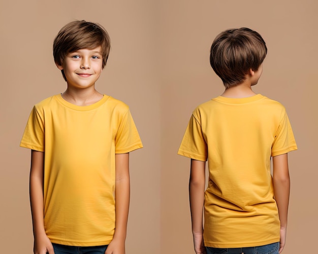 Vista anteriore e posteriore di un ragazzino che indossa una maglietta gialla