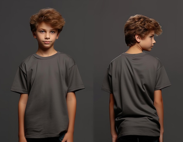 Vista anteriore e posteriore di un ragazzino che indossa una maglietta grigia