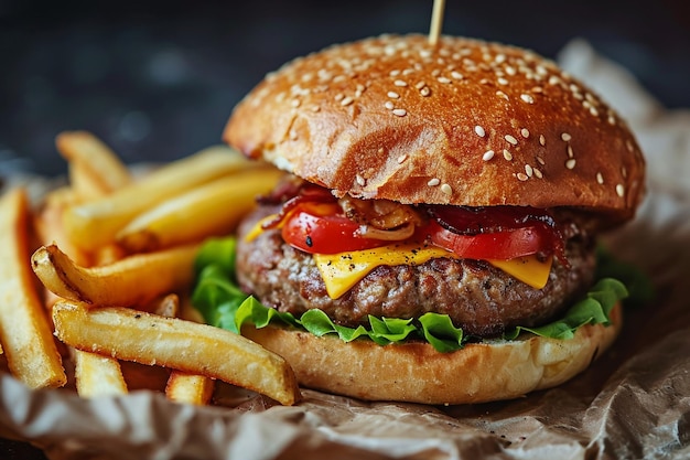 Vista anteriore hamburger di carne gustoso con formaggio e insalata sullo sfondo scuro