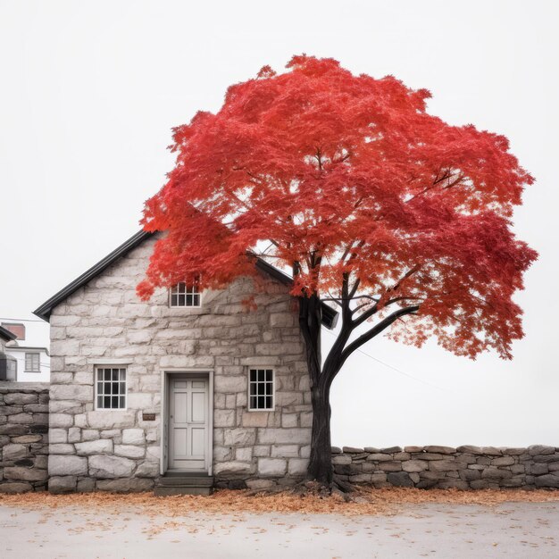 Vista anteriore minimalista di un albero di acero rosso accanto a una casa in pietra con una porta rossa