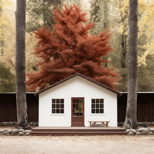 Vista anteriore minimalista di un albero di acero rosso accanto a una casa in pietra con una porta rossa