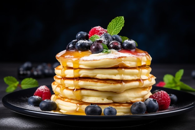 Vista anteriore pancake deliziosi con miele e frutta su una superficie leggera torta frutta dolce