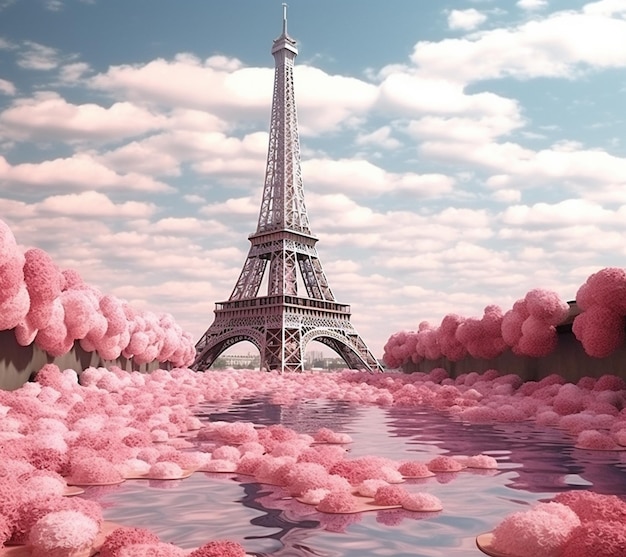 vista arafed della Torre Eiffel con fiori rosa in primo piano ai generativo