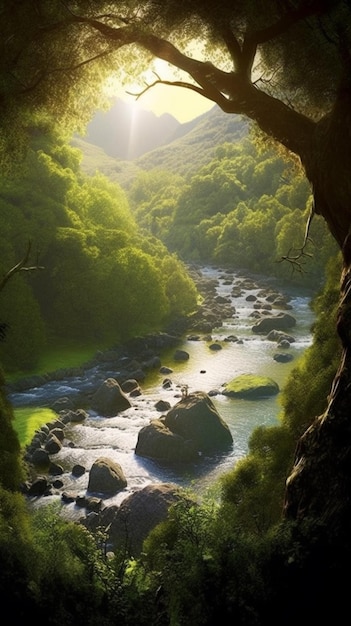 Vista arafed di un fiume che scorre attraverso una lussureggiante foresta verde generativa ai