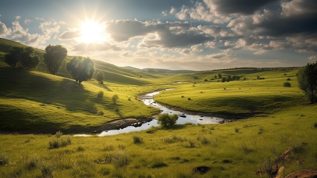 Vista arafed di un fiume che scorre attraverso una lussureggiante valle verde generativa ai