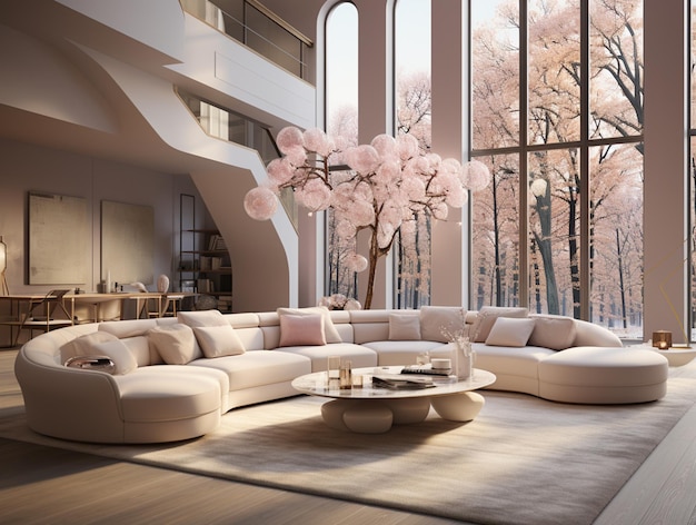 Vista arafed di un soggiorno con una grande finestra e un divano ai generativo