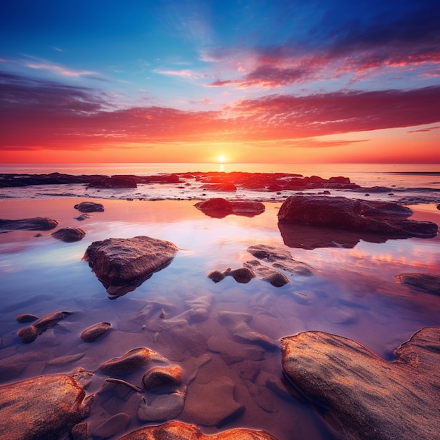 Vista arafed di un tramonto su una spiaggia rocciosa con rocce generative ai