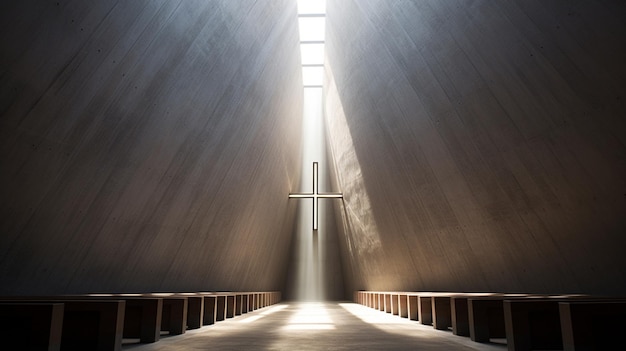 vista arafed di una croce in una chiesa con una luce che passa attraverso di essa ai generativo