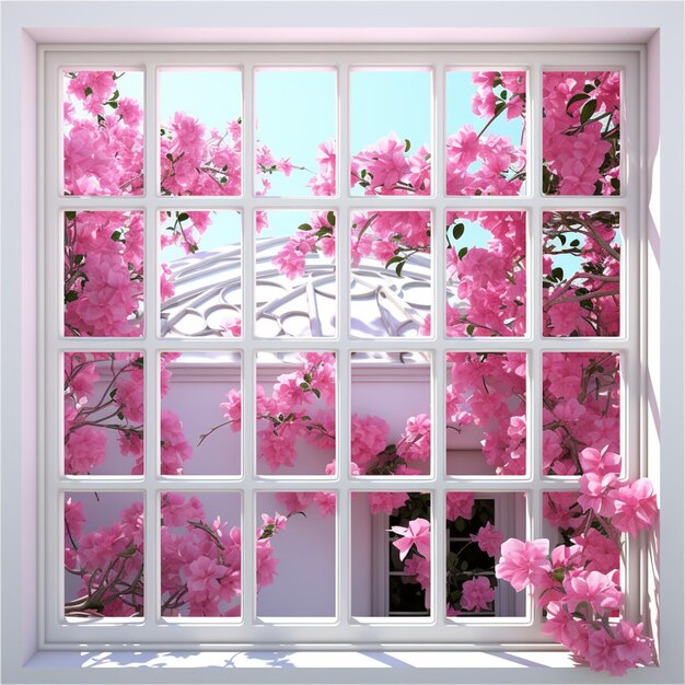 vista arafed di una finestra con fiori rosa e un gazebo generativo ai