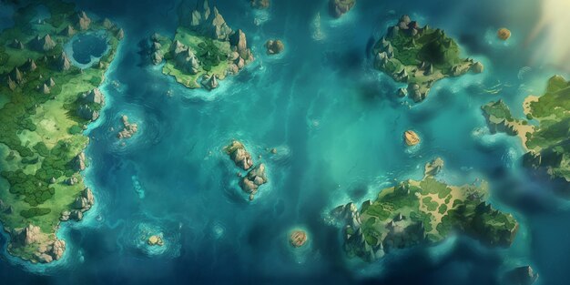 vista arafed di una mappa di un oceano blu con rocce e alberi generativo ai