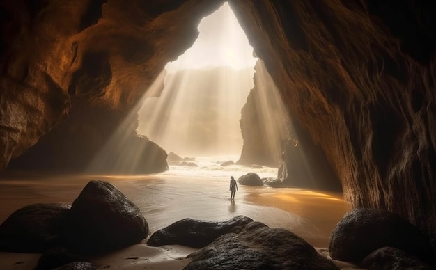 Vista arafed di una persona in piedi in una grotta con una luce che esce generativa ai