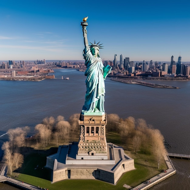 vista arrafed della statua della libertà con una città sullo sfondo ai generativo