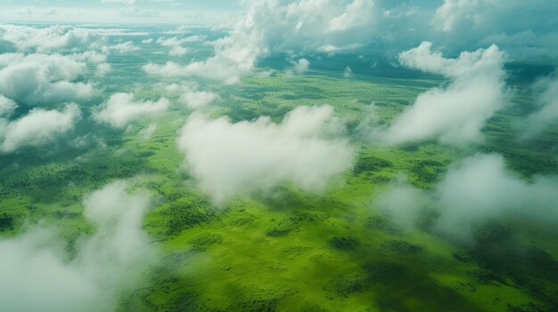 vista arrafed di un campo verde con nuvole e un piano generativo ai