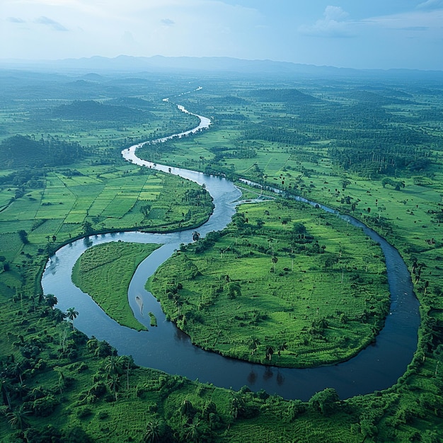 vista arrafed di un fiume che scorre attraverso una lussureggiante valle verde generativo ai