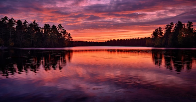 vista arrafed di un lago con un tramonto sullo sfondo generativo ai