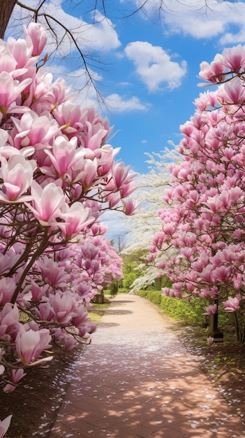 vista arrafed di un sentiero con fiori rosa e alberi generativo ai