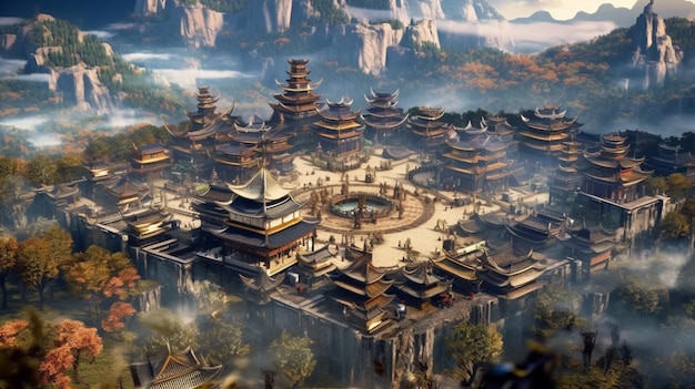 vista arrafed di una città cinese con una montagna sullo sfondo generativo ai