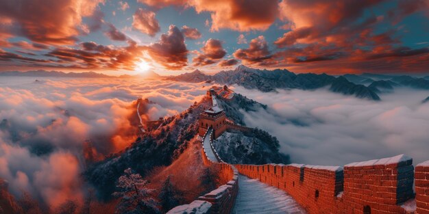 vista arrafed di una montagna con un muro e un cielo generativo ai