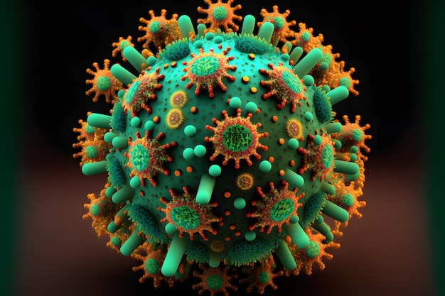 Vista astratta del virus dell'indluenza o covid 19 nuovo coronavirus attraverso il microscopio Arte generata dalla rete neurale